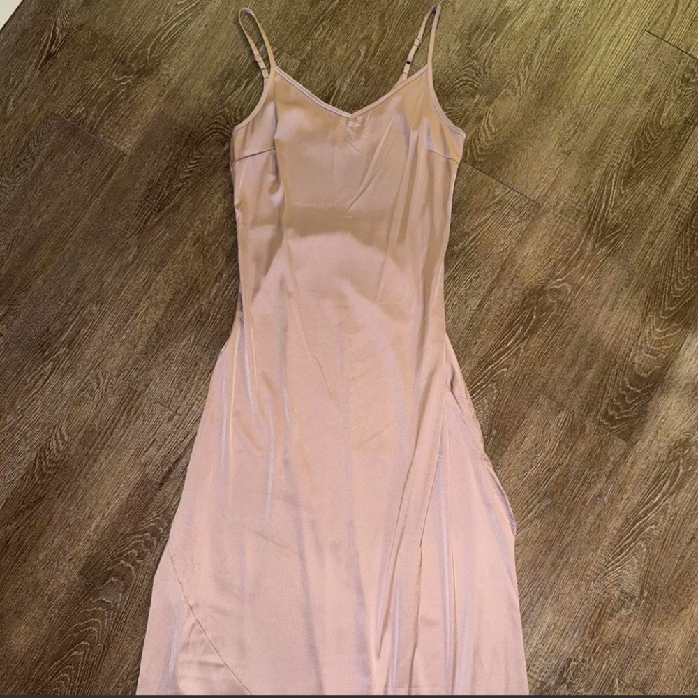 Elegant Satin Slip Lavender Maxi Dress w slit - Picture 5 of 5